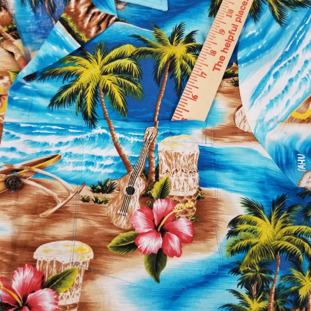 RJC Hawaiian Aloha Shirt Mens Medium Blue Island Map Floral Cotton Made USA - Picture 6 of 11